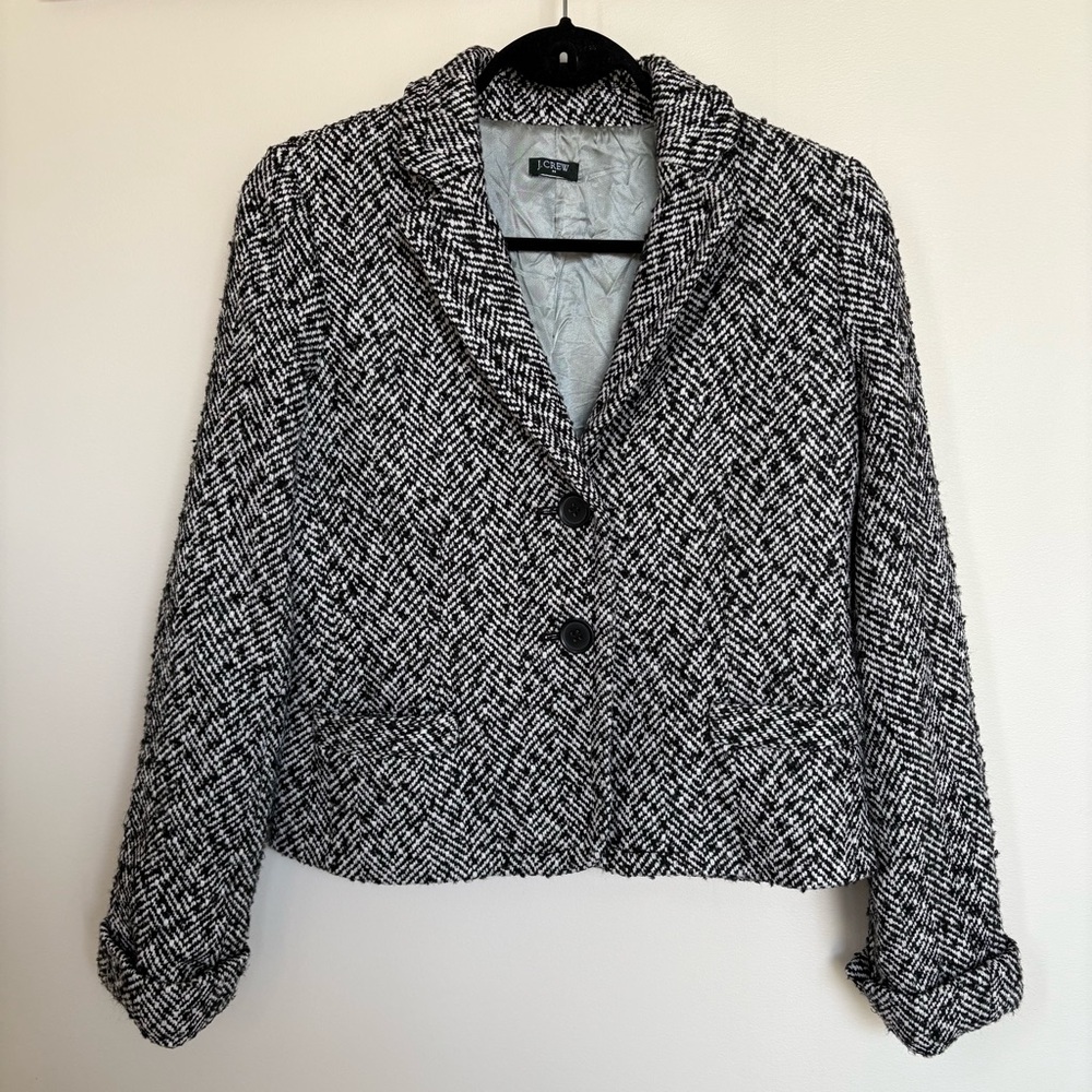 J.Crew Women’s S Cropped Tweed Blazer Black White Herringbone Preppy